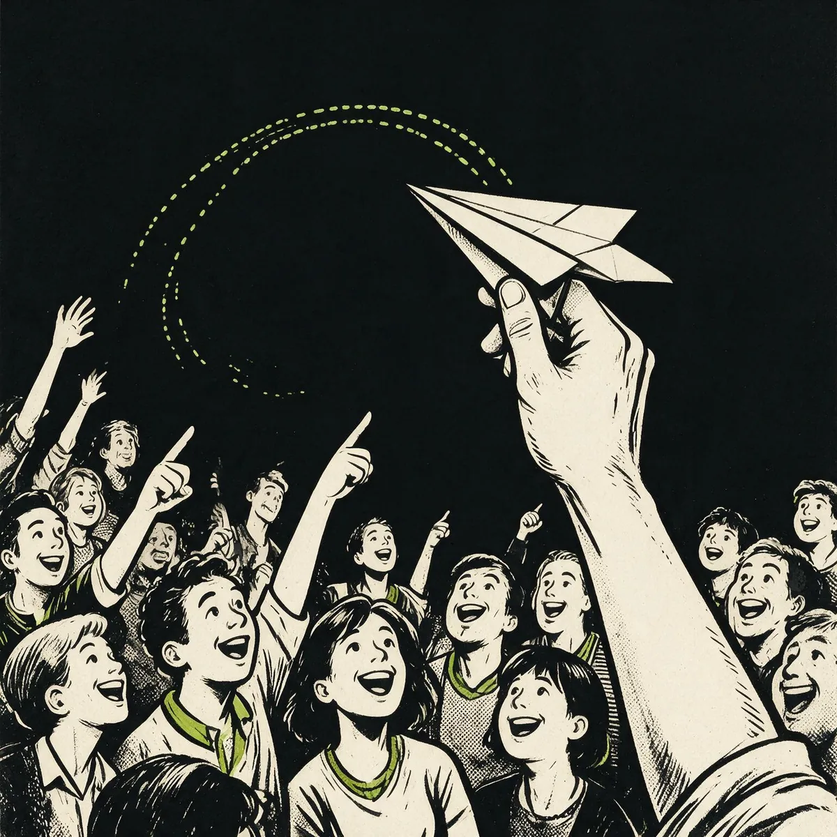 Comic illustration of a hand throwing a paper airplane over a delighted crowd
