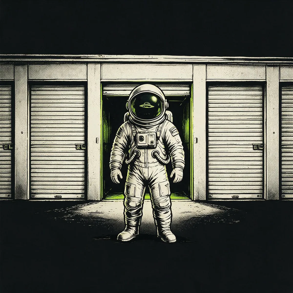 Comic illustration of an astronaut standing before a row of self-storage units, one door open and glowing