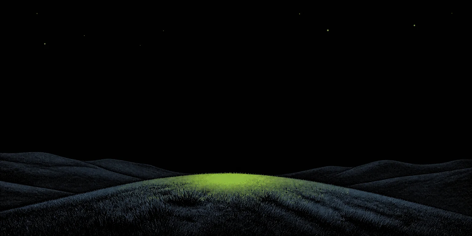 A grassy hilltop at night under an empty starry sky