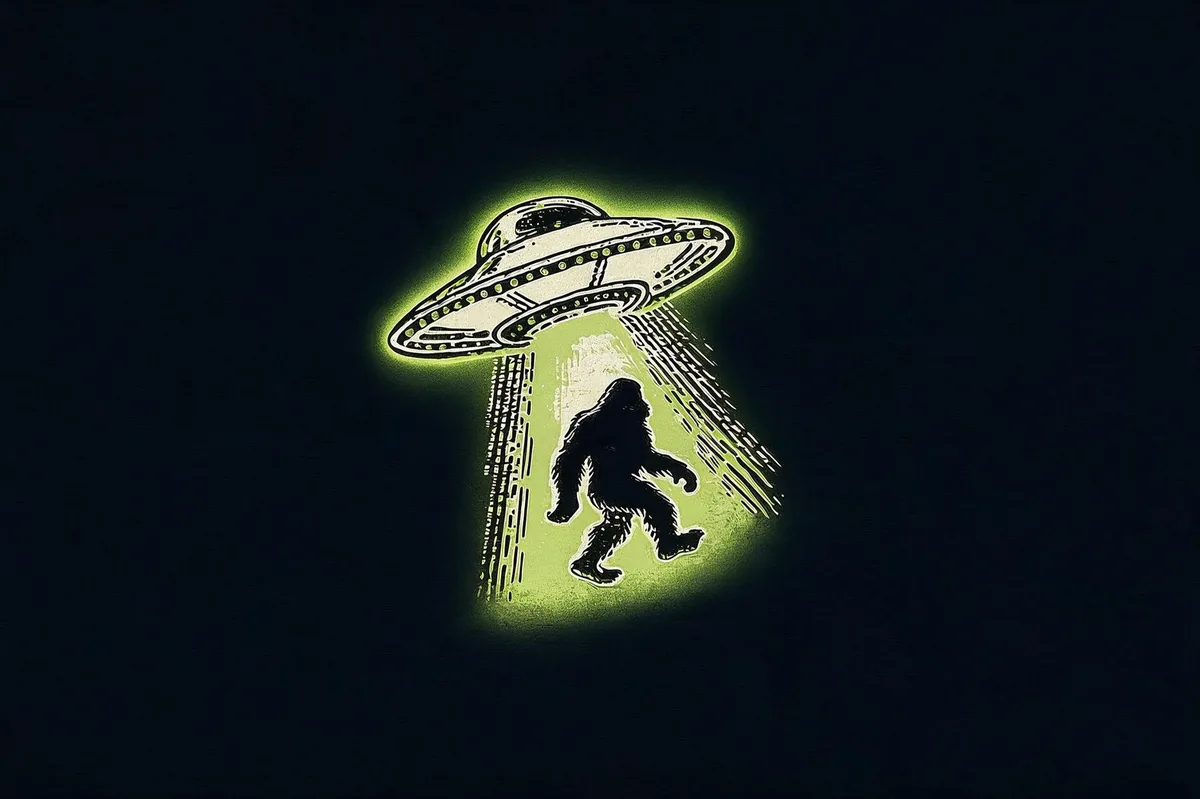 A flying saucer casting a lime-green tractor beam over a striding Bigfoot silhouette