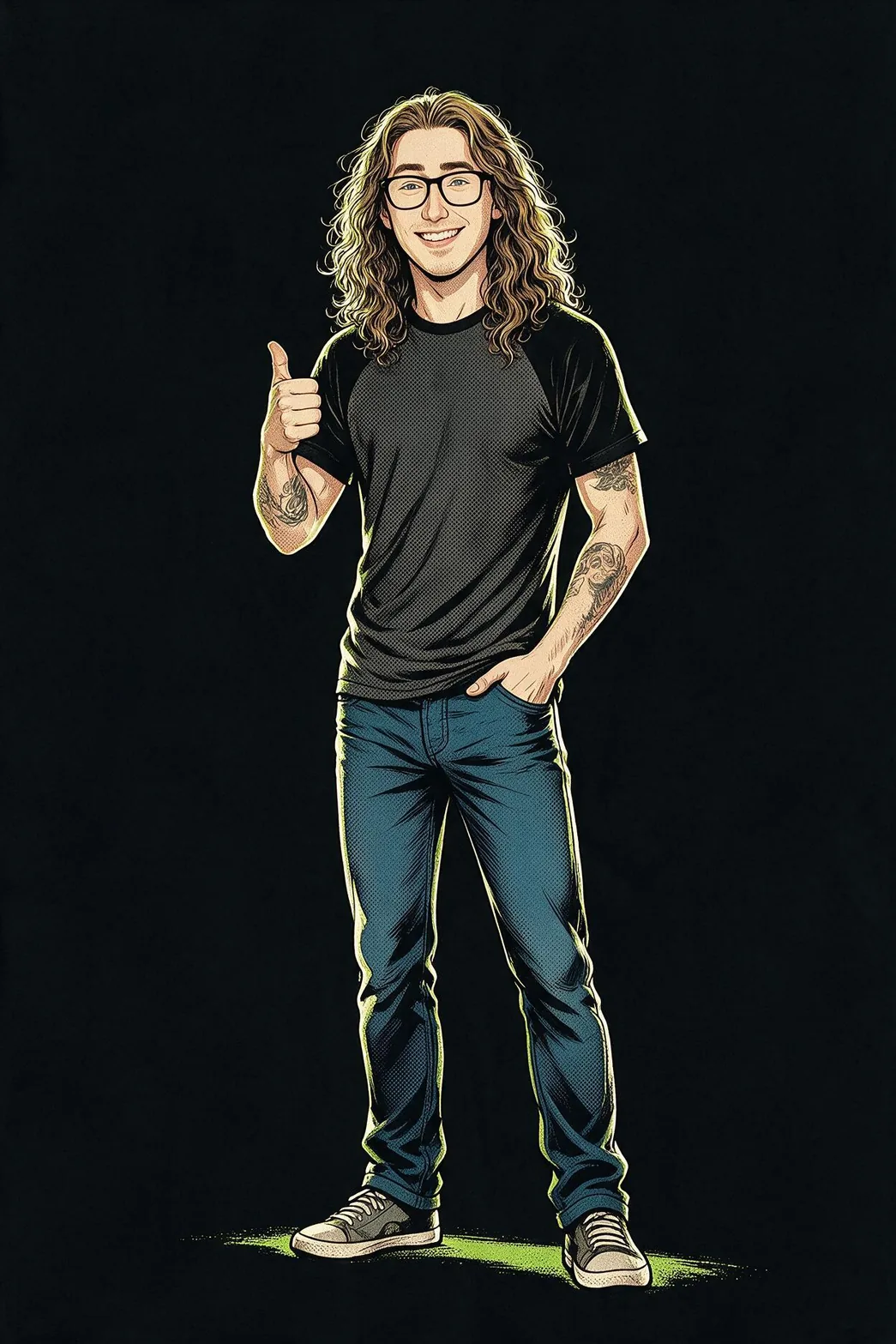 Comic-style portrait of Aiden Ellingham giving a thumbs-up