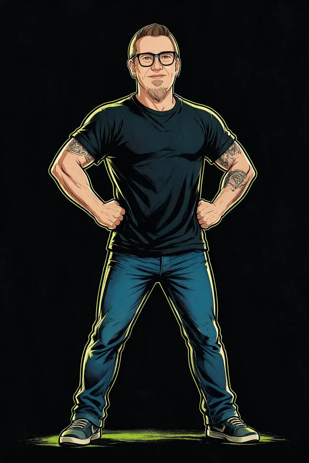 Comic-style portrait of Ed Ellingham in a superhero stance