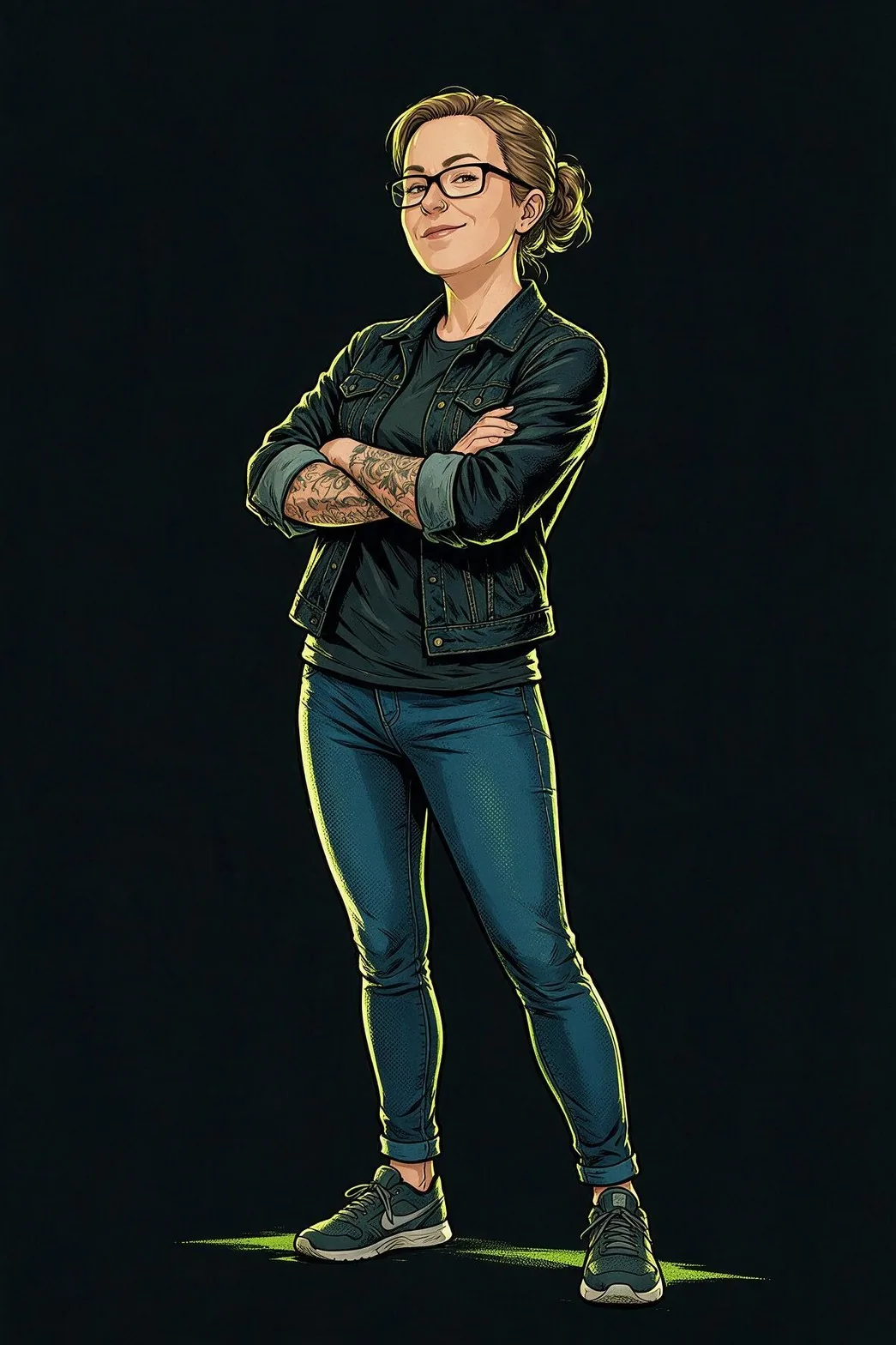 Comic-style portrait of Jessica Ellingham with arms crossed
